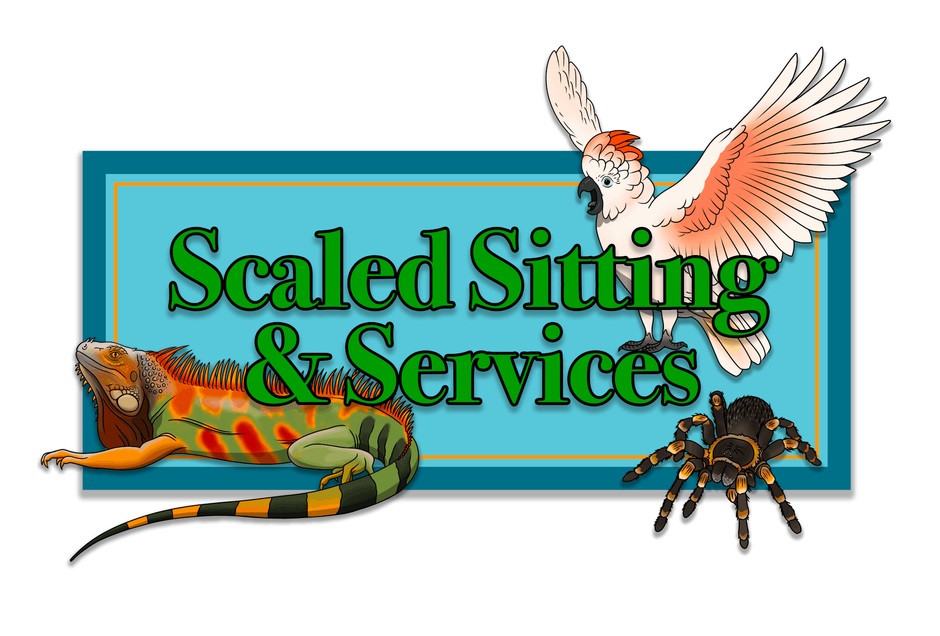 Business Logo. Green bold text, green iguana lower left corner, cockatoo with open wings in upper right corner and a tarantula image lower right corner, logo has blue background